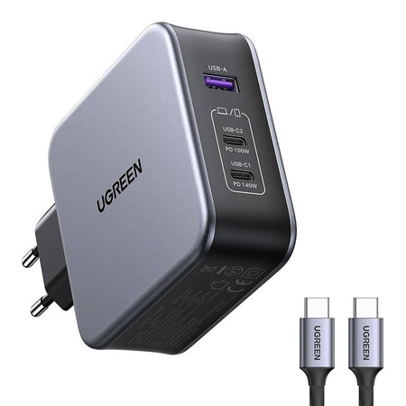 Ładowarka sieciowa Ugreen Nexode 140W C289, GaN, 2x USB-C, USB (czarna) + kabel USB-C 2m