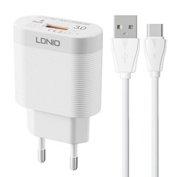 Ładowarka sieciowa LDNIO A303Q + kabel USB-C 1m, QC 3.0, 18W (biała)