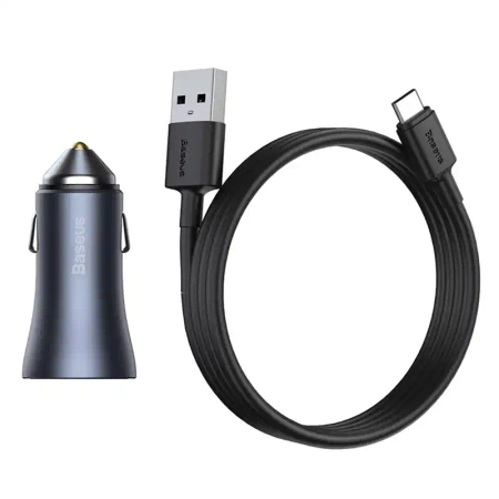 Ładowarka samochodowa Baseus Golden Contactor Pro, USB + USB-C, QC4.0+, PD, SCP, 40W (szara) + kabel USB do USB-C 1m (czarny)