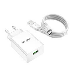 Ładowarka sieciowa VFAN E03, 1x USB, 18W, QC 3.0 + kabel USB-C (biała)