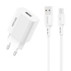 Ładowarka sieciowa Vipfan E01, 1x USB, 2.4A + kabel USB-C (biała)