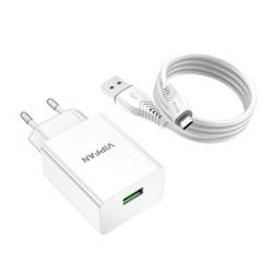 Ładowarka sieciowa Vipfan E03, 1x USB, 18W, QC 3.0 + kabel Micro USB (biała)