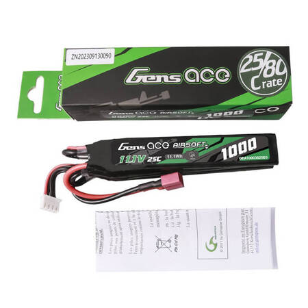 Akumulator Gens ace 25C 1000mAh 3S1P 11.1V Nunchuck 3X Airsoft Gun Lipo z konektorem T Plug