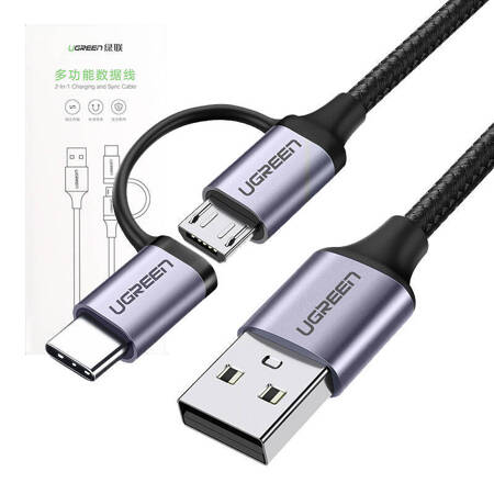 Kabel USB 2w1 UGREEN  	US177 Type-C / Micro USB, QC 3.0, 1m (czarny)