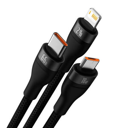 Kabel USB 3w1 Baseus Flash II, USB-C + micro USB + Lightning, 66W, 1.2m (czarny)