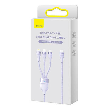 Kabel USB 3w1 Baseus Flash Series 2, USB-C + micro USB + Lightning, 100W, 1.5m (fioletowy)