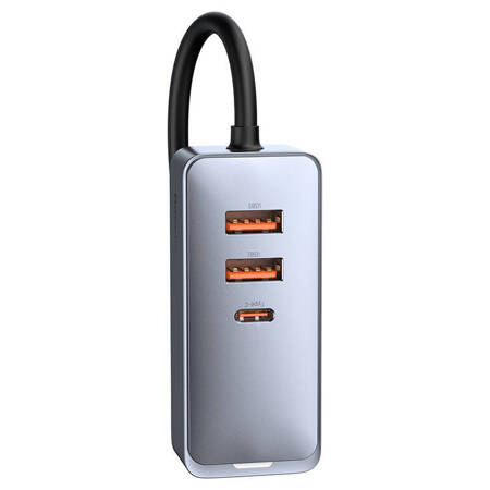 Ładowarka samochodowa Baseus Share Together z przedłużaczem, 3x USB, USB-C, 120W (szara)