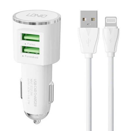 Ładowarka samochodowa LDNIO DL-C29, 2x USB, 3.4A + kabel Lightning (biała)