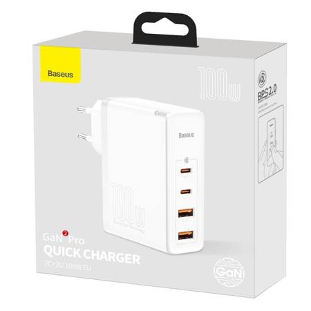 Ładowarka sieciowa Baseus GaN2 Pro, 2x USB + 2x USB-C, 100W, EU (biała)