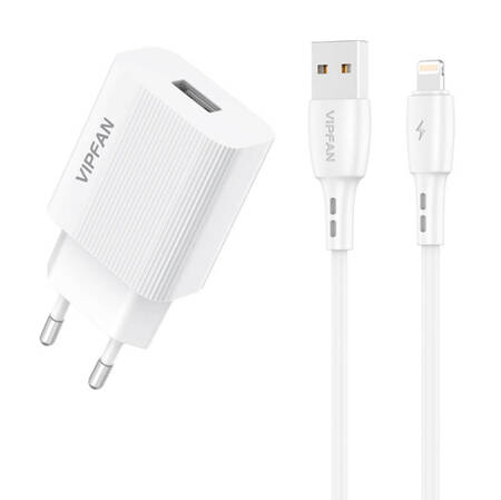 Ładowarka sieciowa VFAN E01, 1x USB, 2.4A + kabel Lightning (biała)