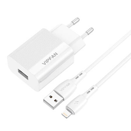 Ładowarka sieciowa VFAN E01, 1x USB, 2.4A + kabel Lightning (biała)