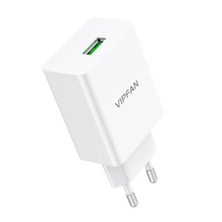 Ładowarka sieciowa VFAN E03, 1x USB, 18W, QC 3.0 + kabel USB-C (biała)