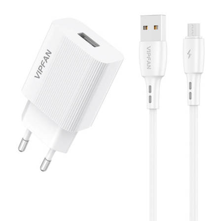 Ładowarka sieciowa Vipfan E01, 1x USB, 2.4A + kabel Micro USB (biała)