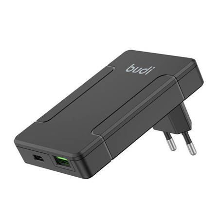 Uniwersalna ładowarka sieciowa Budi, USB + USB-C, PD 65W + adaptery EU/UK/US/AU (czarna)