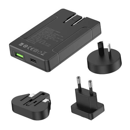 Uniwersalna ładowarka sieciowa Budi, USB + USB-C, PD 65W + adaptery EU/UK/US/AU (czarna)